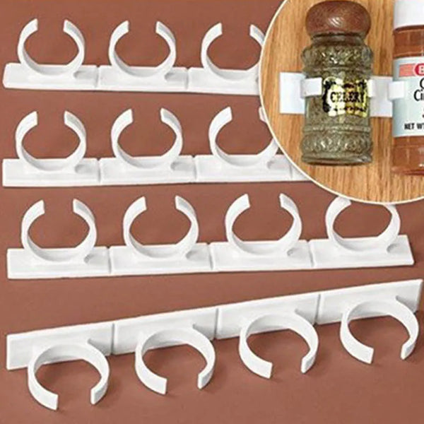 Self-Adhesive Spice Jar Organizer: Cabinet Door Rack with Store 'n' Spice Clip Strips - Condiment Bottle Holder Shelf Kitchen Gadget (Set of 4)