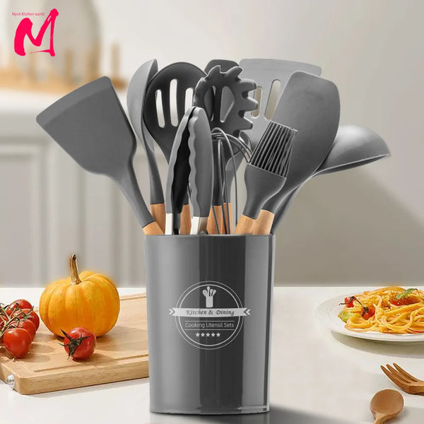 "Silicone Kitchen Utensil Set: Non-Toxic Cooking and Baking Tools Including Shovel, Spoon, Scraper, Brush, Spade, Whisk, and Turner"