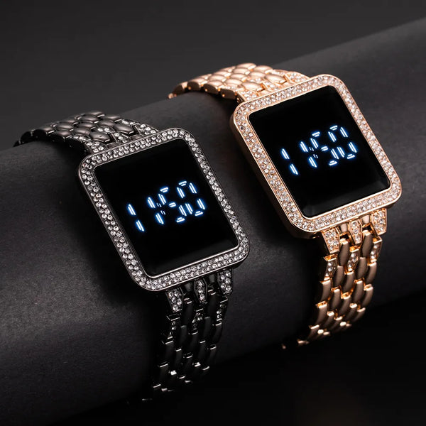 Rhinestone Digital Women's Watch - Touch Screen LED, Fashionable Steel Strap in Rose Gold