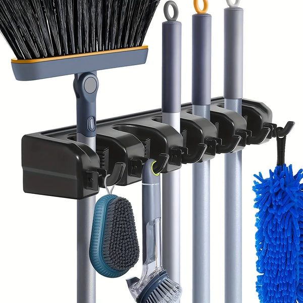 Multi-Functional Wall-Mounted Mop Holder: 3/4/5 Position Broom Hanger Shelf for Home Kitchen Storage - Black Magic Plastic Mop Holder