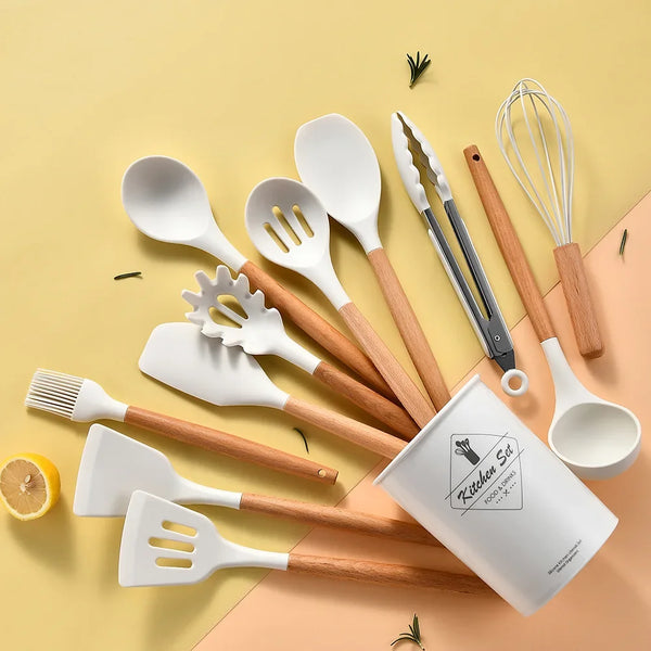 "14-Piece Silicone Kitchen Utensil Set with Non-Stick Wood Handles, Including Spatulas, Shovels, Soup Spoons, and Convenient Storage Bucket - Essential Cooking Tools and Gadgets"