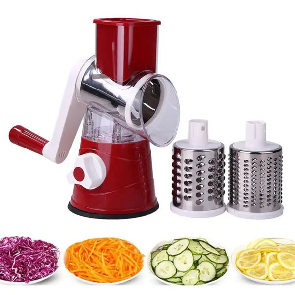 Rotary manual grater for cheese, vegetables and potatoes with several various stainless steel blades