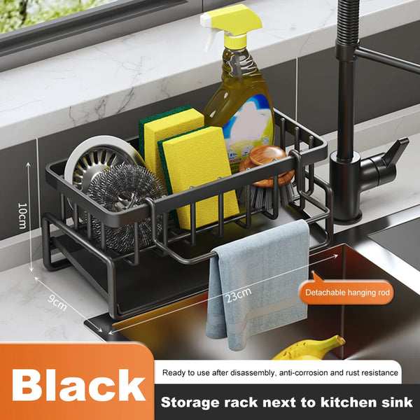 Space Aluminum Kitchen Storage Rack: Rustproof Sink Tool and Sponge Rag Self-Draining Organizer with Bathroom Cosmetic Shelf