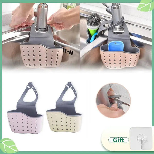 Adjustable Kitchen Sink Sponge Holder: Drain Basket with Hanging Shelf for Soap, Sponge, and Kitchen Tools Storage