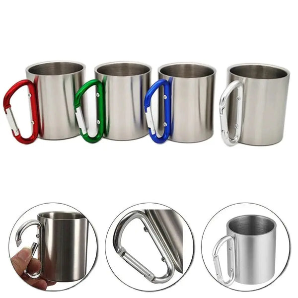 220ml Stainless Steel Cup with Handle and Carabiner: Essential for Camping, Traveling, Backpacking, Hiking, and Outdoor Activities – Portable and Durable