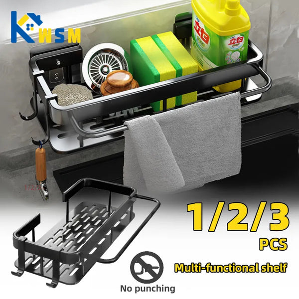 Space Aluminum Kitchen Sink Tool and Sponge Rag Organizer: Self-Adhesive Bathroom Cosmetic Shelf