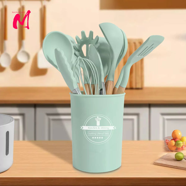 Professional Non-Toxic Silicone Cooking Tools Set: Shovel, Spoon, Scraper, Brush, Spade, Whisk, Turner for Baking and Kitchen Use.