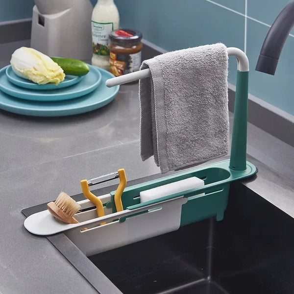 Telescopic Sink Drain Rack: Storage Basket for Kitchen Gadgets, Organizer Shelf for Sinks with Soap and Sponge Holder